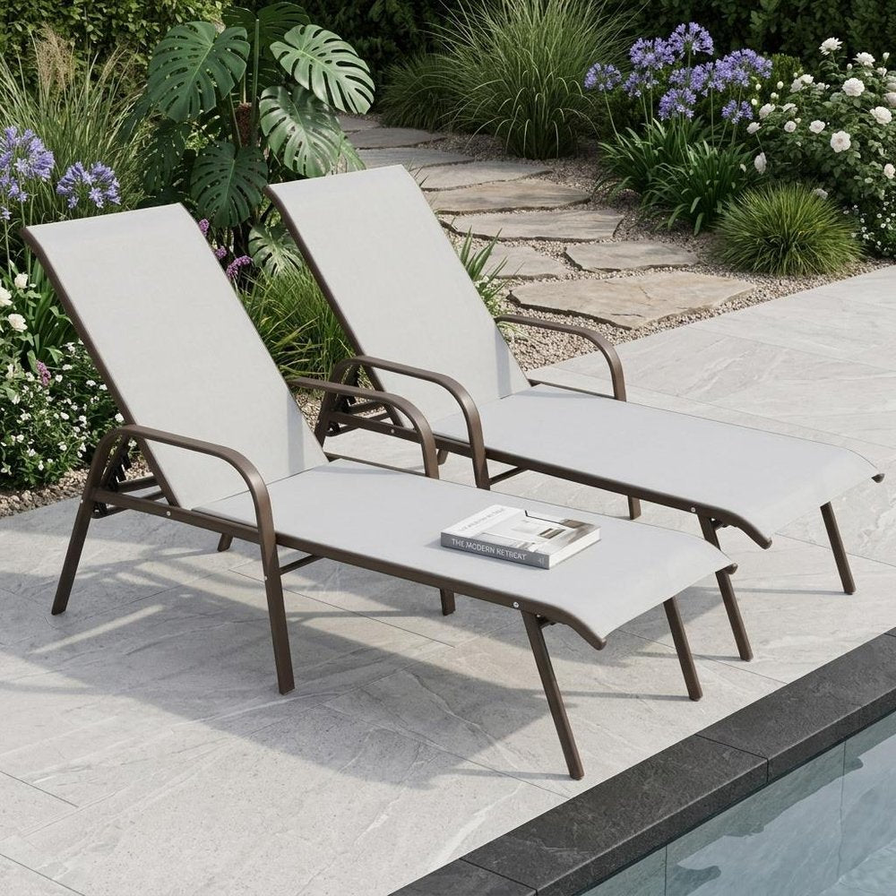 Set of Two Light Gray Steel Six Position Adjustable Sling Outdoor Chaise Lounges