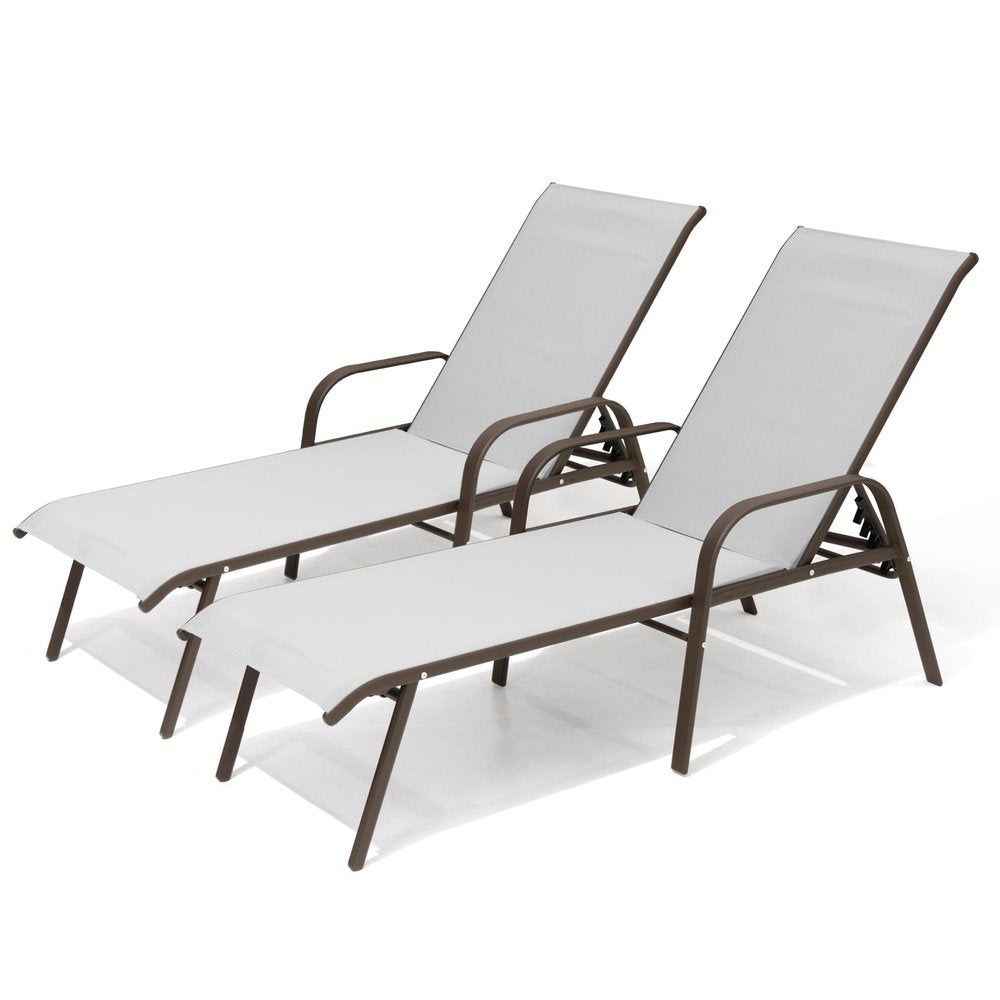 Set of Two Light Gray Steel Six Position Adjustable Sling Outdoor Chaise Lounges