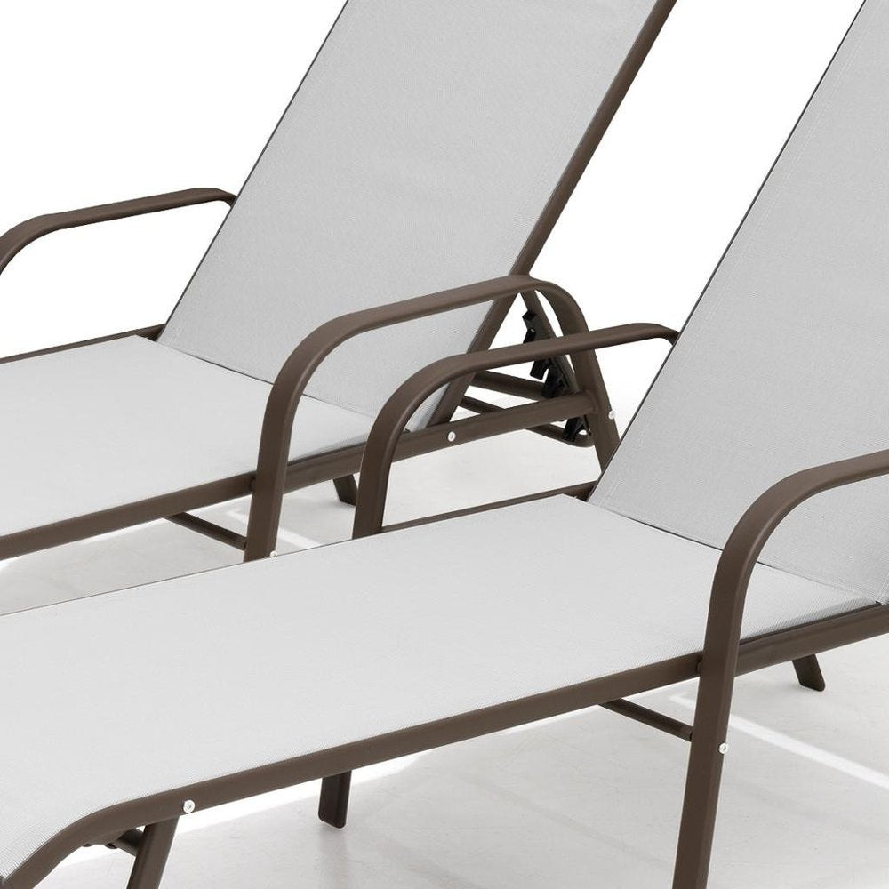 Set of Two Light Gray Steel Six Position Adjustable Sling Outdoor Chaise Lounges