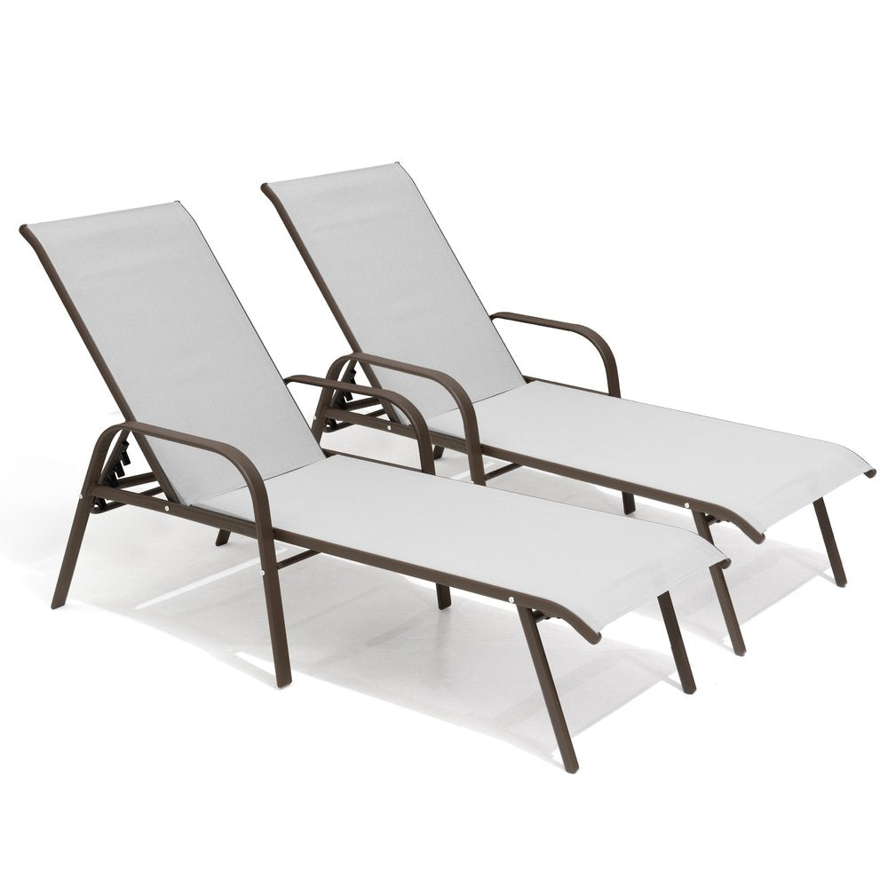 Set of Two Light Gray Steel Six Position Adjustable Sling Outdoor Chaise Lounges