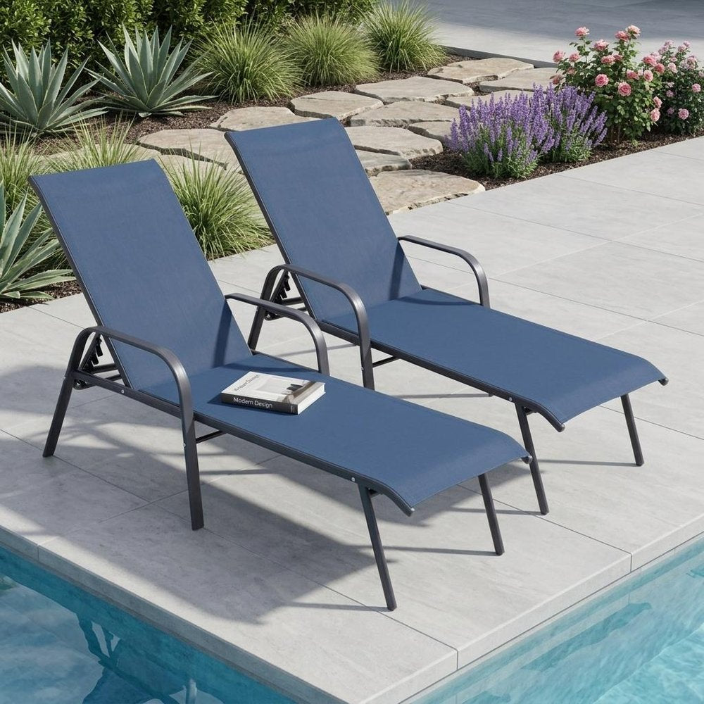 Set of Two Blue Steel Six Position Adjustable Sling Outdoor Chaise Lounges
