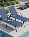 Set of Two Blue Steel Six Position Adjustable Sling Outdoor Chaise Lounges