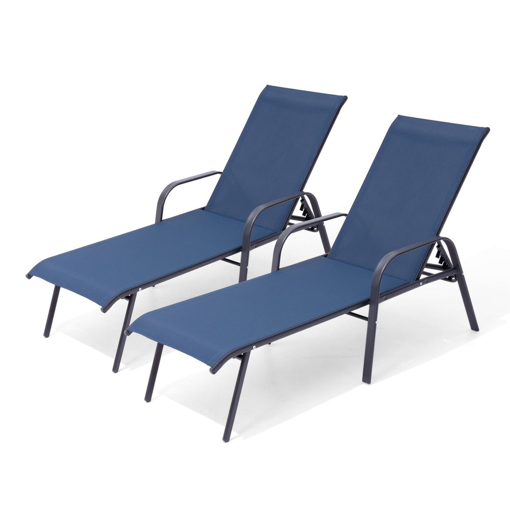 Set of Two Blue Steel Six Position Adjustable Sling Outdoor Chaise Lounges