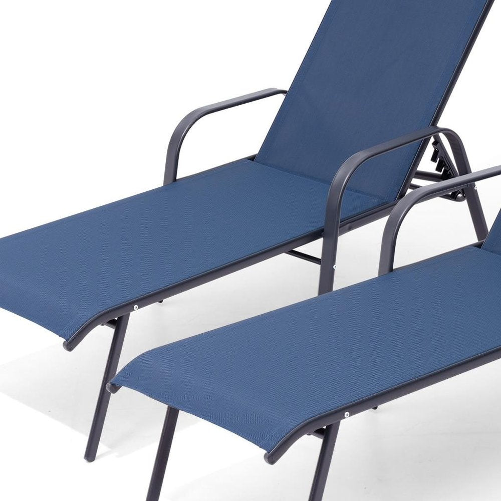 Set of Two Blue Steel Six Position Adjustable Sling Outdoor Chaise Lounges