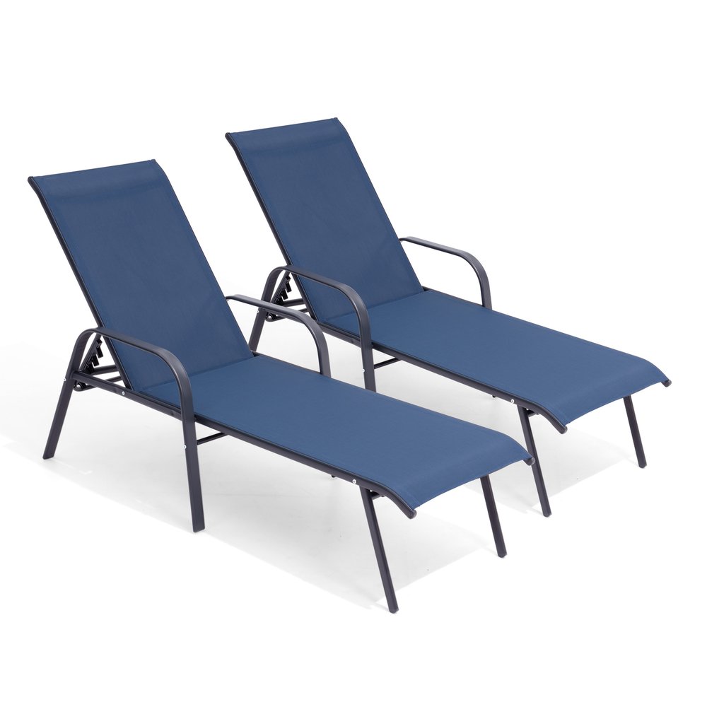 Set of Two Blue Steel Six Position Adjustable Sling Outdoor Chaise Lounges