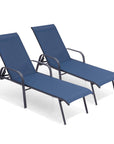 Set of Two Blue Steel Six Position Adjustable Sling Outdoor Chaise Lounges