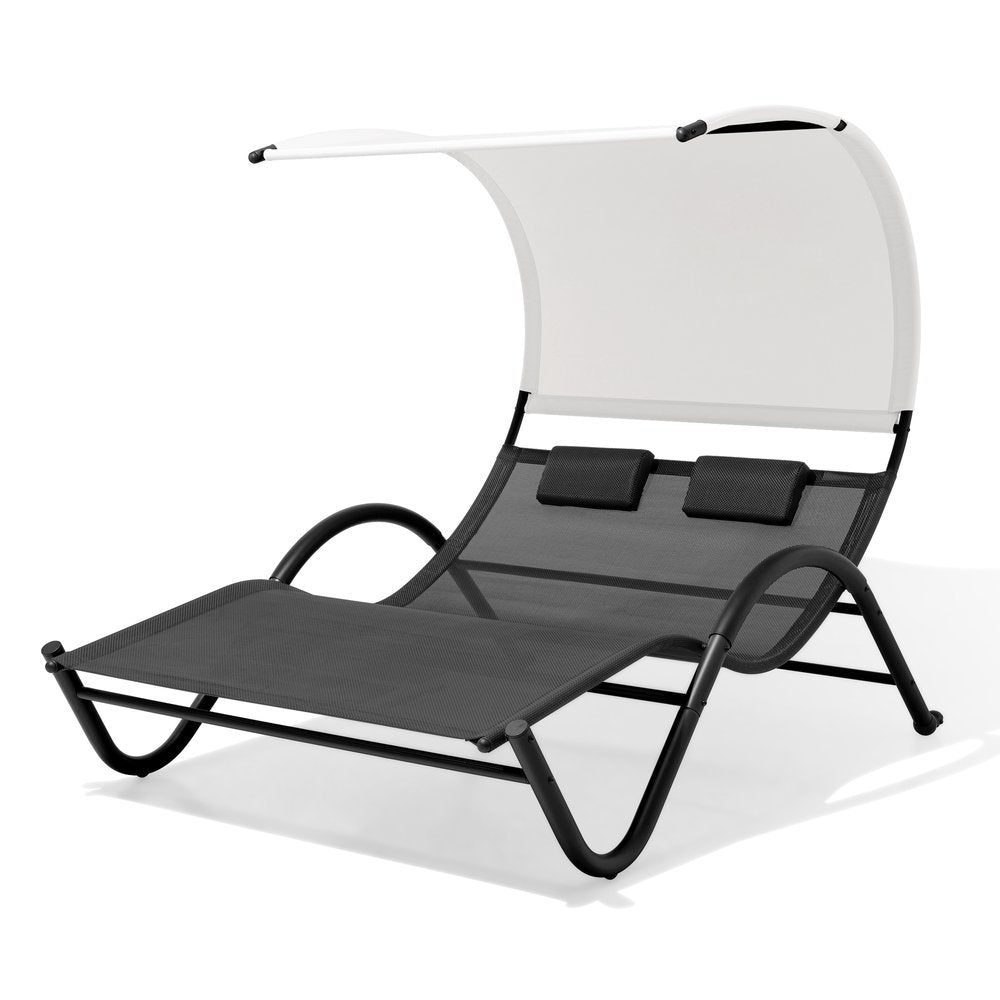 73" Black Aluminum Sling Outdoor Chaise Lounge With Canopy
