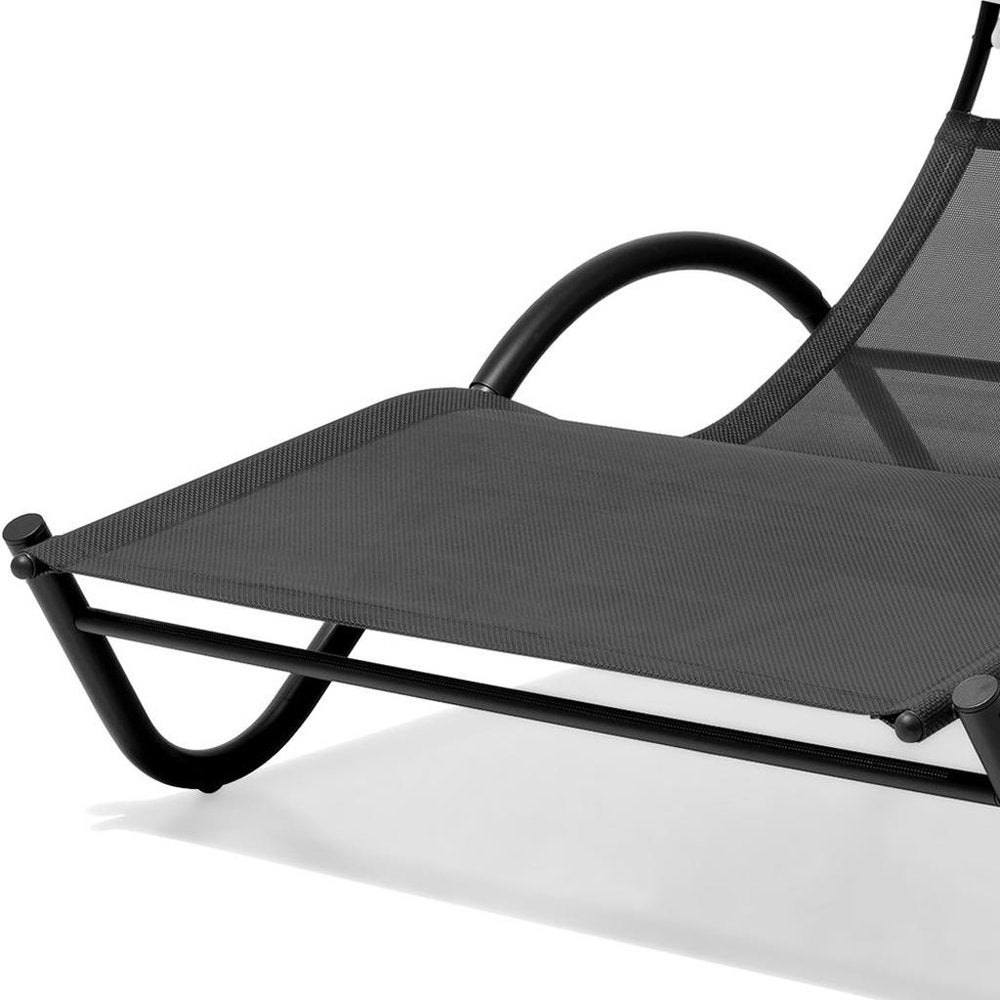 73" Black Aluminum Sling Outdoor Chaise Lounge With Canopy
