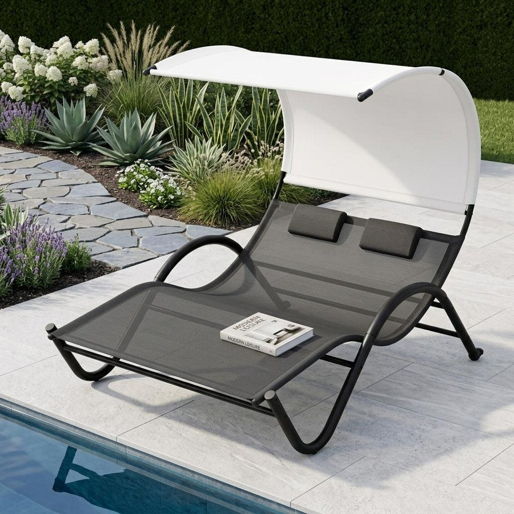 73" Black Aluminum Sling Outdoor Chaise Lounge With Canopy