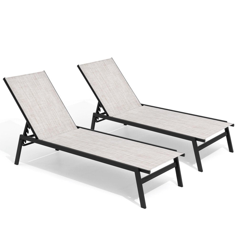 Set of Two Off White Steel Five Position Adjustable Sling Outdoor Stacking Chaise Lounges