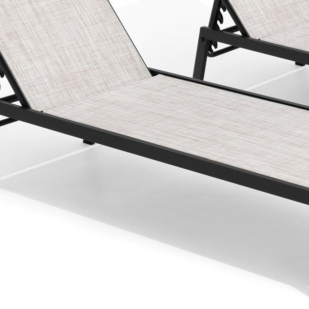 Set of Two Off White Steel Five Position Adjustable Sling Outdoor Stacking Chaise Lounges
