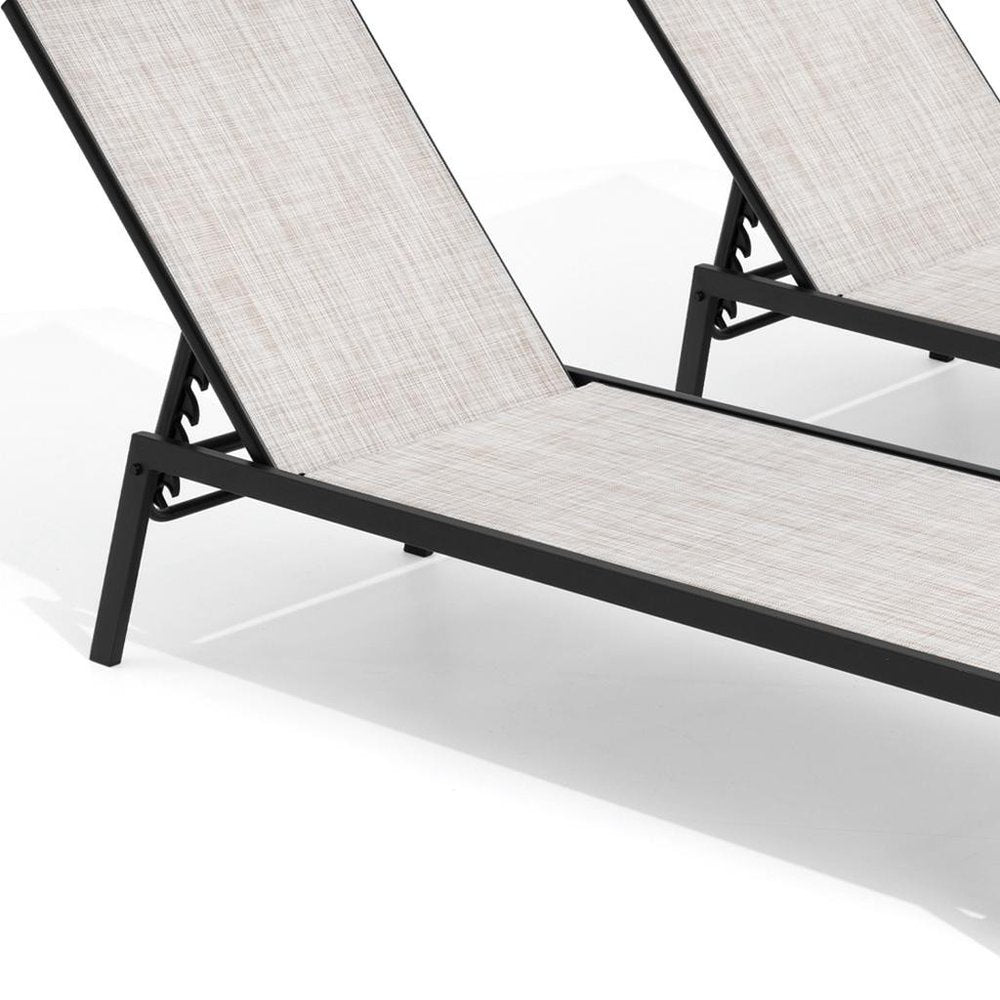 Set of Two Off White Steel Five Position Adjustable Sling Outdoor Stacking Chaise Lounges