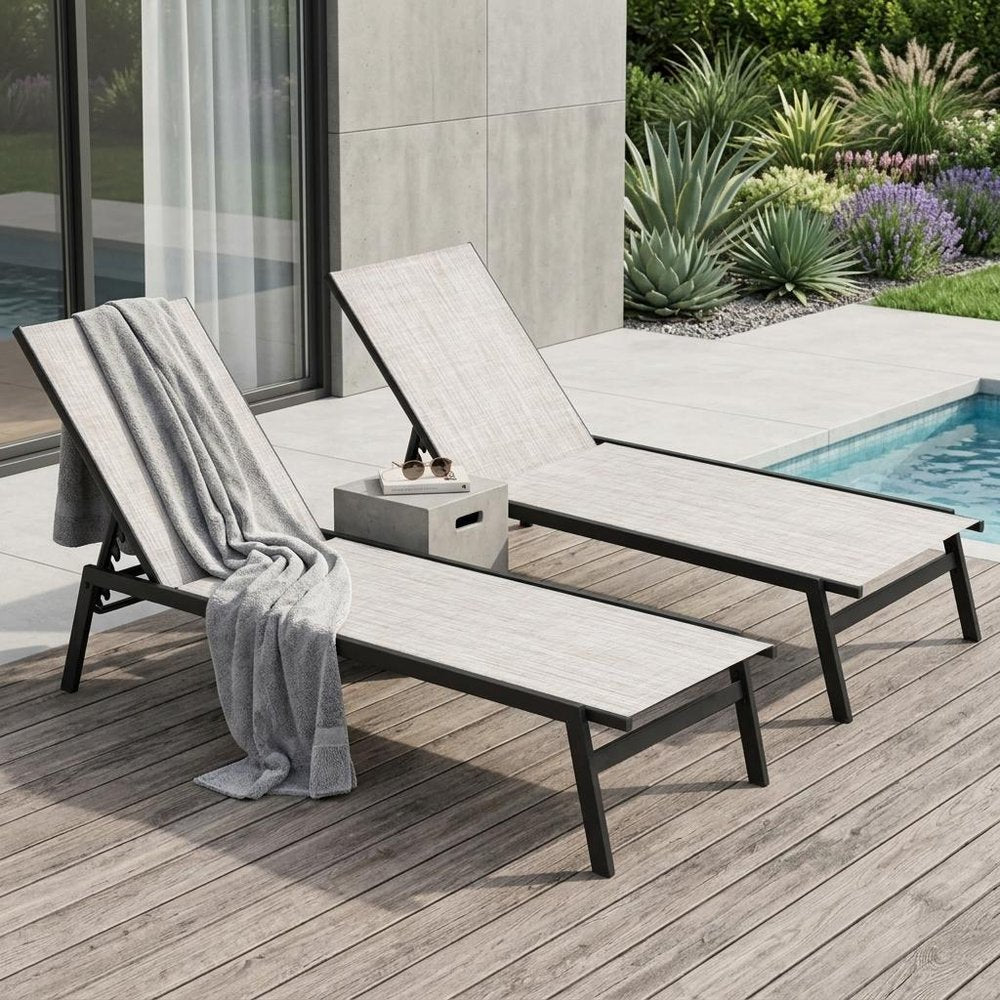Set of Two Off White Steel Five Position Adjustable Sling Outdoor Stacking Chaise Lounges