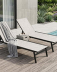 Set of Two Off White Steel Five Position Adjustable Sling Outdoor Stacking Chaise Lounges