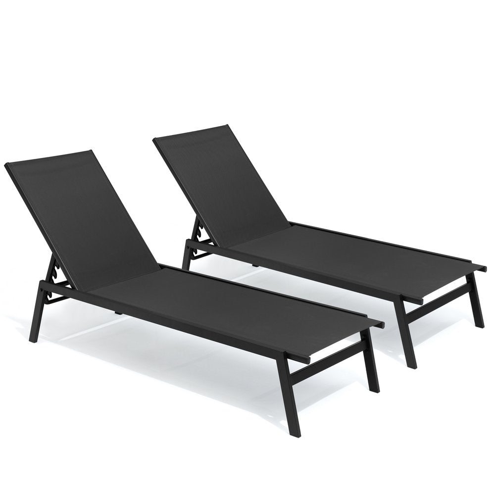Set of Two Black Steel Five Position Adjustable Outdoor Stacking Chaise Lounges