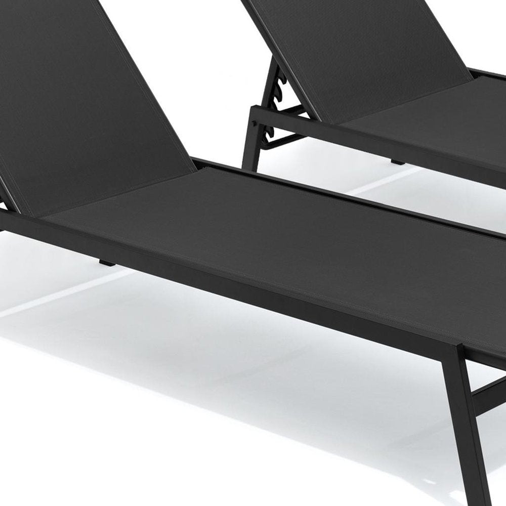 Set of Two Black Steel Five Position Adjustable Outdoor Stacking Chaise Lounges