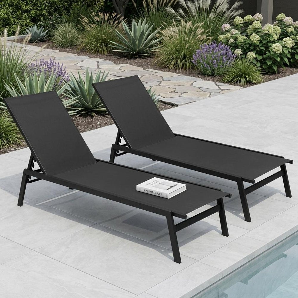 Set of Two Black Steel Five Position Adjustable Outdoor Stacking Chaise Lounges