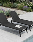 Set of Two Black Steel Five Position Adjustable Outdoor Stacking Chaise Lounges