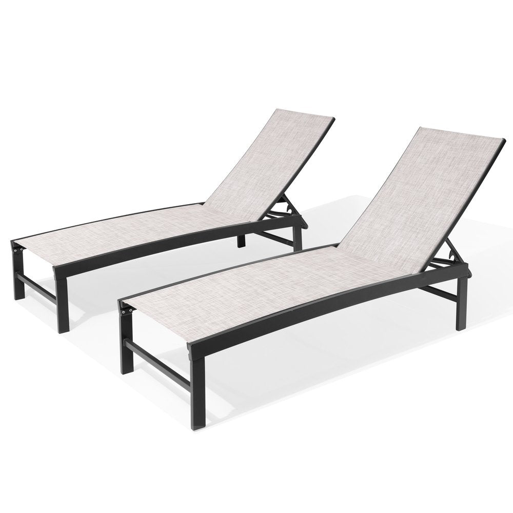 Set of Two Off White Aluminum Five Position Adjustable Outdoor Chaise Lounges