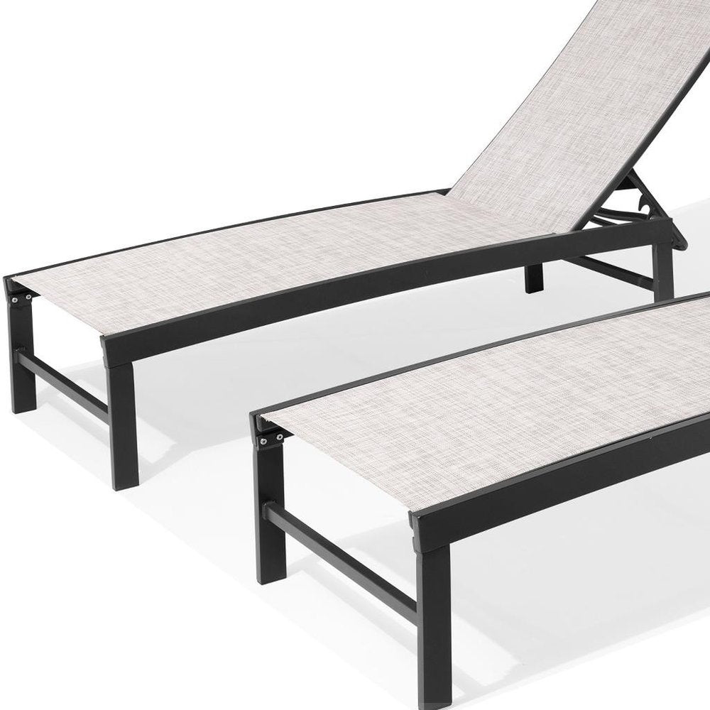 Set of Two Off White Aluminum Five Position Adjustable Outdoor Chaise Lounges