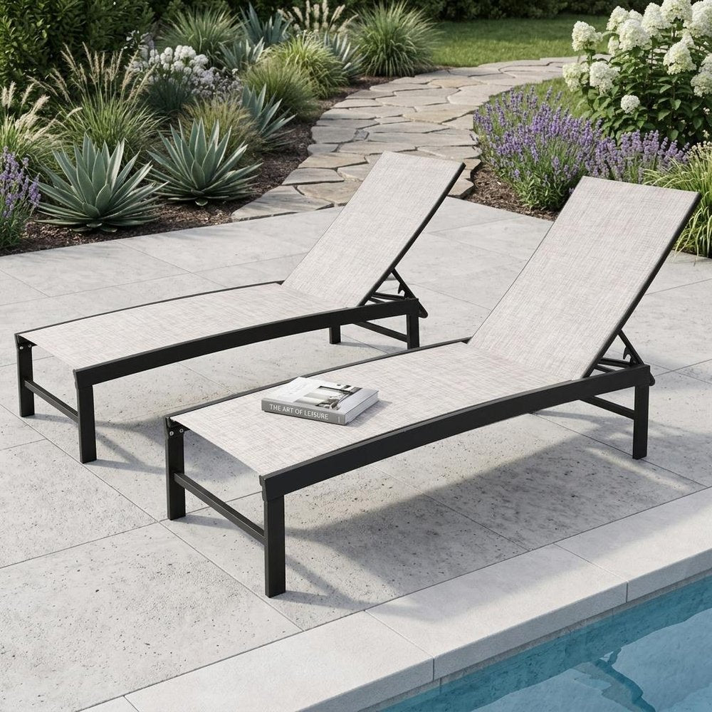 Set of Two Off White Aluminum Five Position Adjustable Outdoor Chaise Lounges
