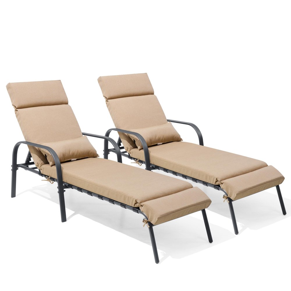 Set of Two Light Brown Steel Five Position Adjustable Outdoor Chaise Lounges with Light Brown Cushion