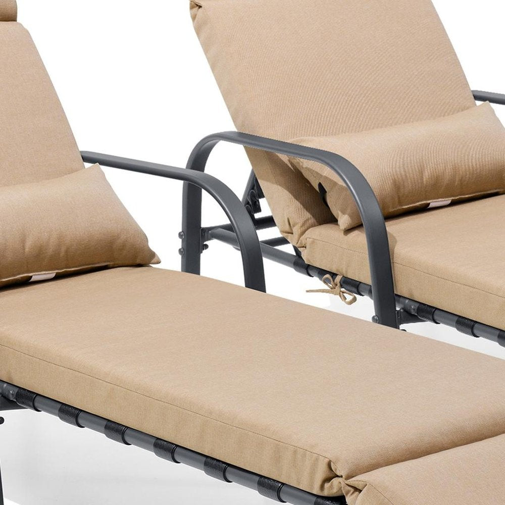 Set of Two Light Brown Steel Five Position Adjustable Outdoor Chaise Lounges with Light Brown Cushion