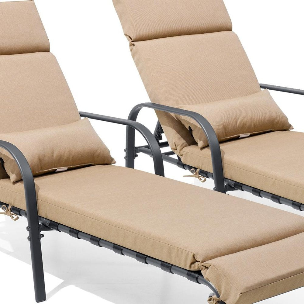 Set of Two Light Brown Steel Five Position Adjustable Outdoor Chaise Lounges with Light Brown Cushion