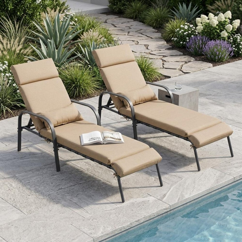 Set of Two Light Brown Steel Five Position Adjustable Outdoor Chaise Lounges with Light Brown Cushion