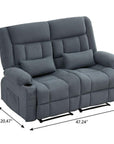 47" Slate Blue and Black Microfiber Manual Reclining Loveseat With Storage and Toss Pillows