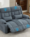 47" Slate Blue and Black Microfiber Manual Reclining Loveseat With Storage and Toss Pillows