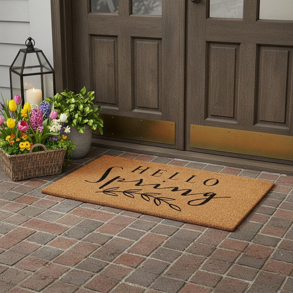 24" X 48" Brown And Black Hello Spring Outdoor Coir Door Mat