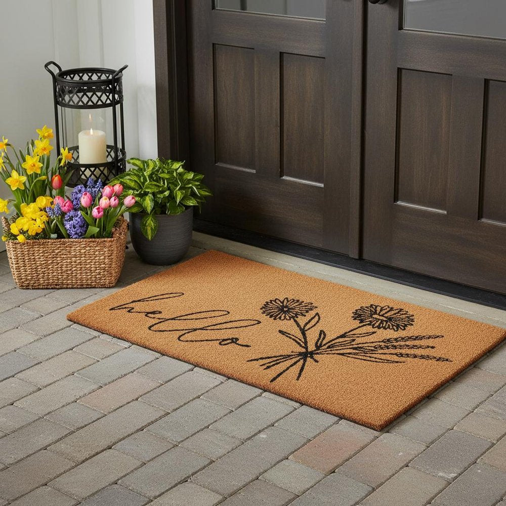 24" X 36" Natural and Black Coir Floral Hello Outdoor Door Mat
