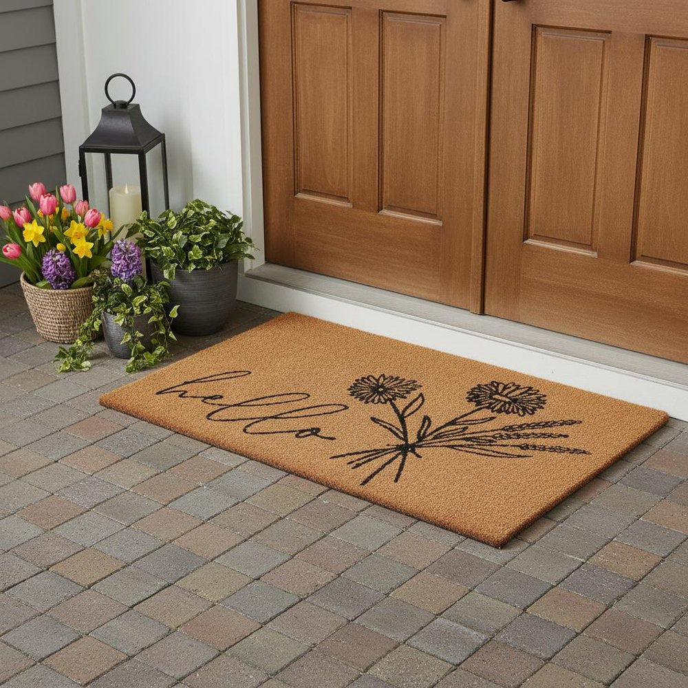 24" X 36" Natural and Black Coir Floral Hello Outdoor Door Mat
