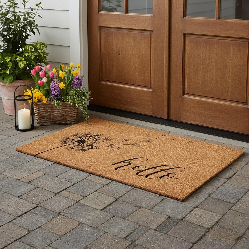 24" X 48" Brown And Black Floral Hello Outdoor Coir Door Mat