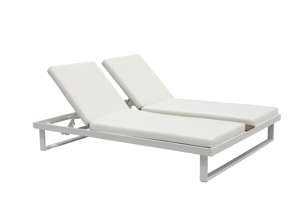 Set of Two White Aluminum Four Position Adjustable Outdoor Chaise Lounges with White Cushion