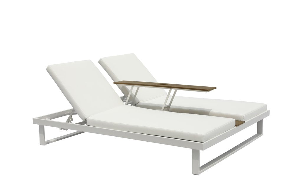 Set of Two White Aluminum Four Position Adjustable Outdoor Chaise Lounges with White Cushion