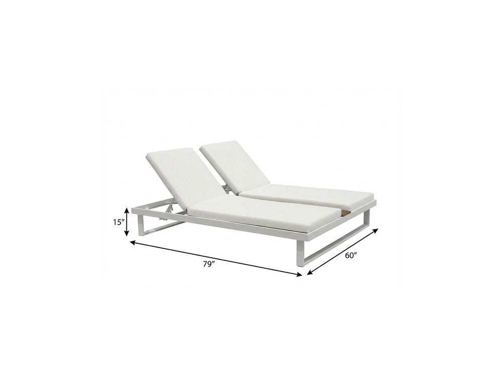 Set of Two White Aluminum Four Position Adjustable Outdoor Chaise Lounges with White Cushion