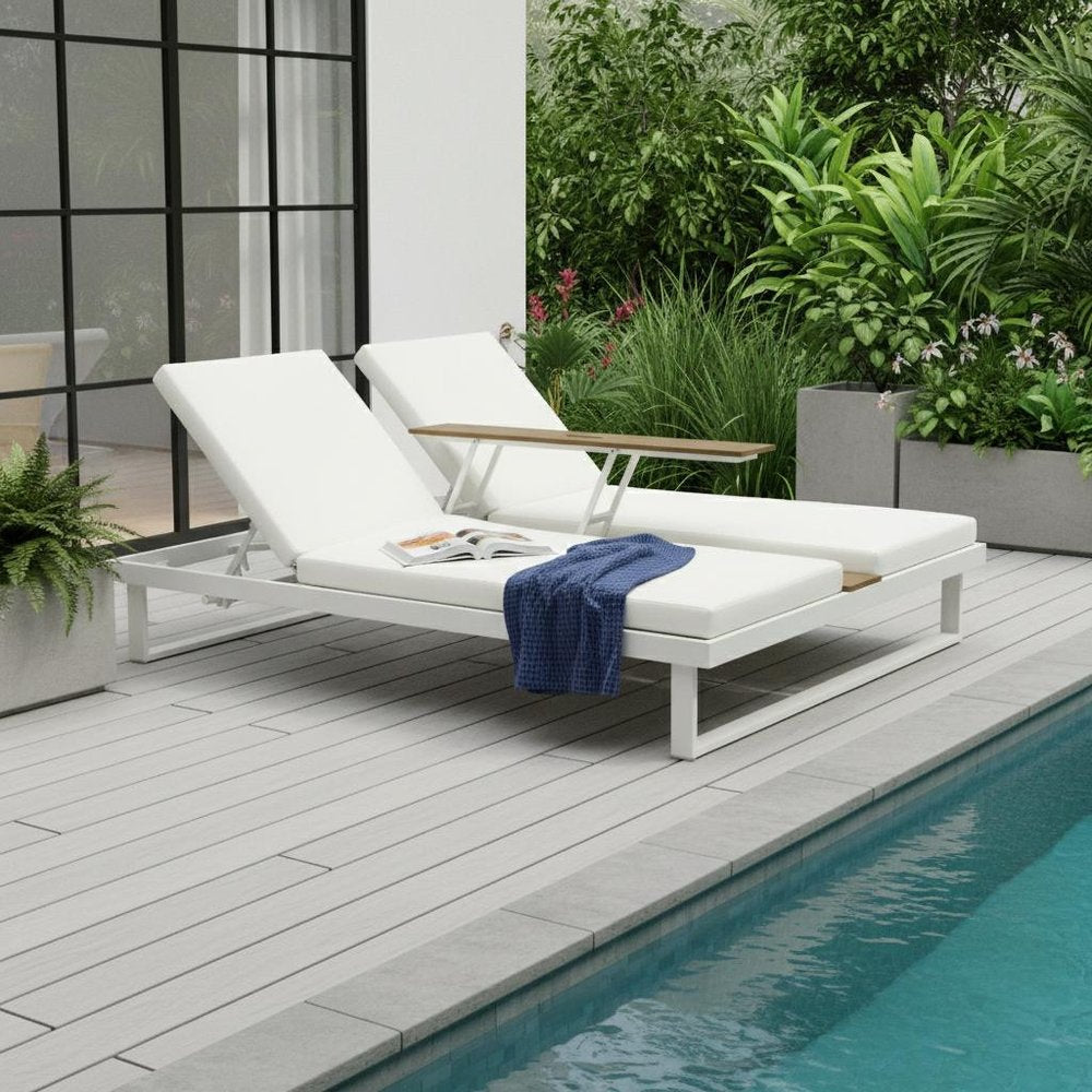 Set of Two White Aluminum Four Position Adjustable Outdoor Chaise Lounges with White Cushion