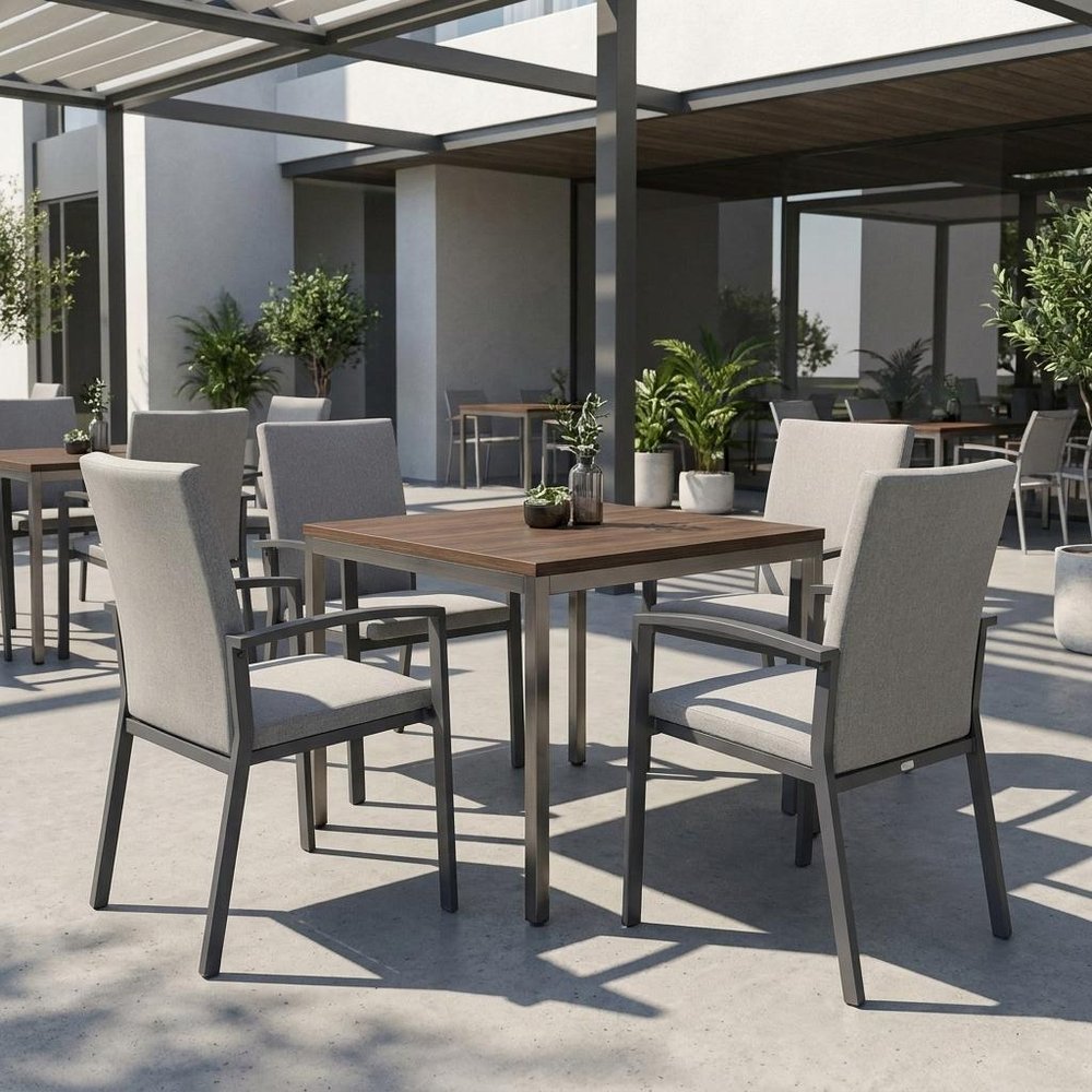 Set of Four Light Gray Aluminum Outdoor Arm Chairs