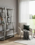 71" Gray And Silver Stainless Steel and Wood Four Tier Geometric Bookcase