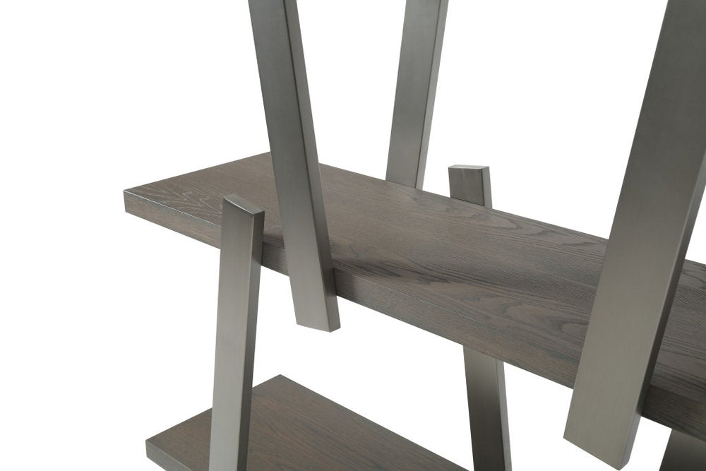 71" Gray And Silver Stainless Steel and Wood Four Tier Geometric Bookcase