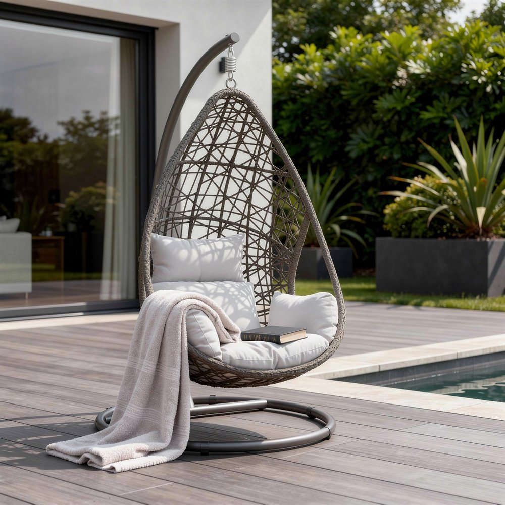 40" Dark Gray Aluminum Outdoor Rocking Egg Chair with White Cushion