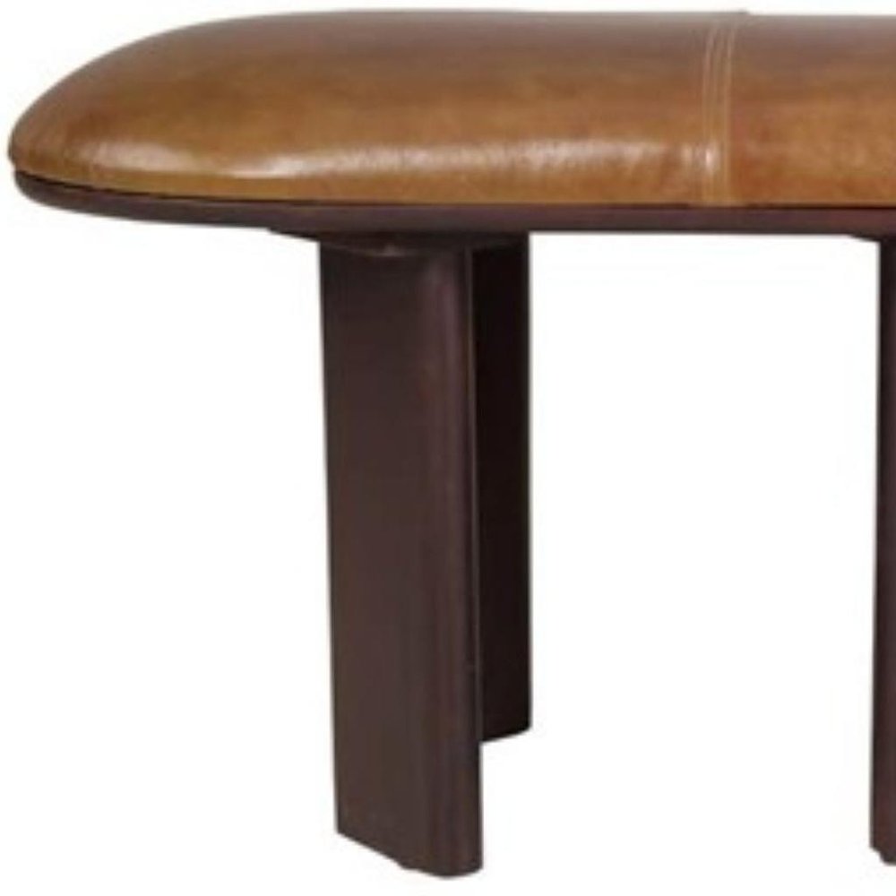 48" Light Brown And Dark Brown Genuine Leather And Solid Wood Upholstered Oval Dining Bench - Manor Editions
