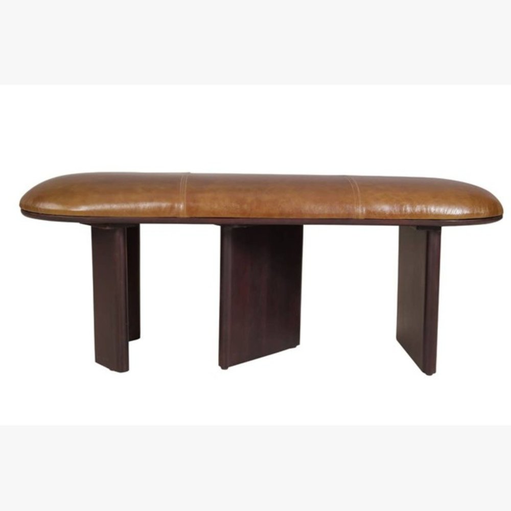 48" Light Brown And Dark Brown Genuine Leather And Solid Wood Upholstered Oval Dining Bench - Manor Editions