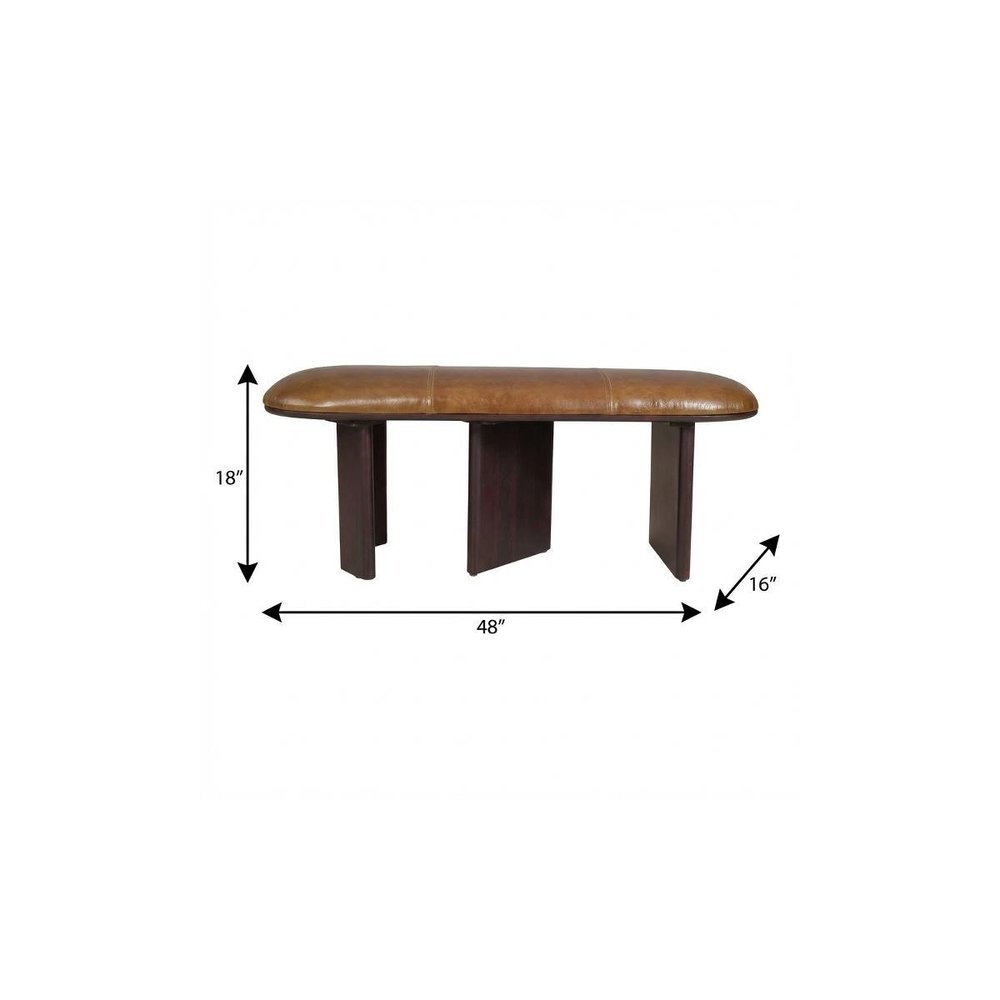 48" Light Brown And Dark Brown Genuine Leather And Solid Wood Upholstered Oval Dining Bench - Manor Editions
