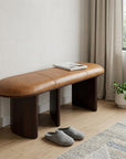 48" Light Brown And Dark Brown Genuine Leather And Solid Wood Upholstered Oval Dining Bench