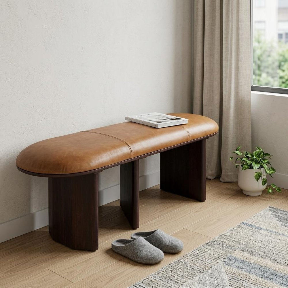 48" Light Brown And Dark Brown Genuine Leather And Solid Wood Upholstered Oval Dining Bench - Manor Editions