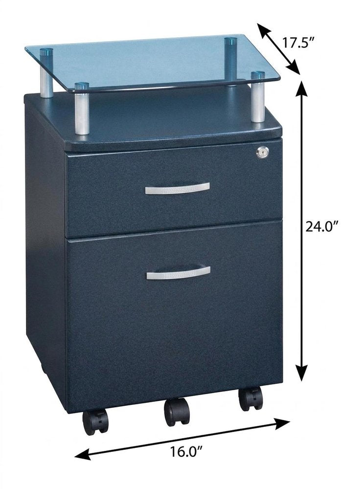 Gray Glass And Metal Two Drawer Rolling Filing Cabinet