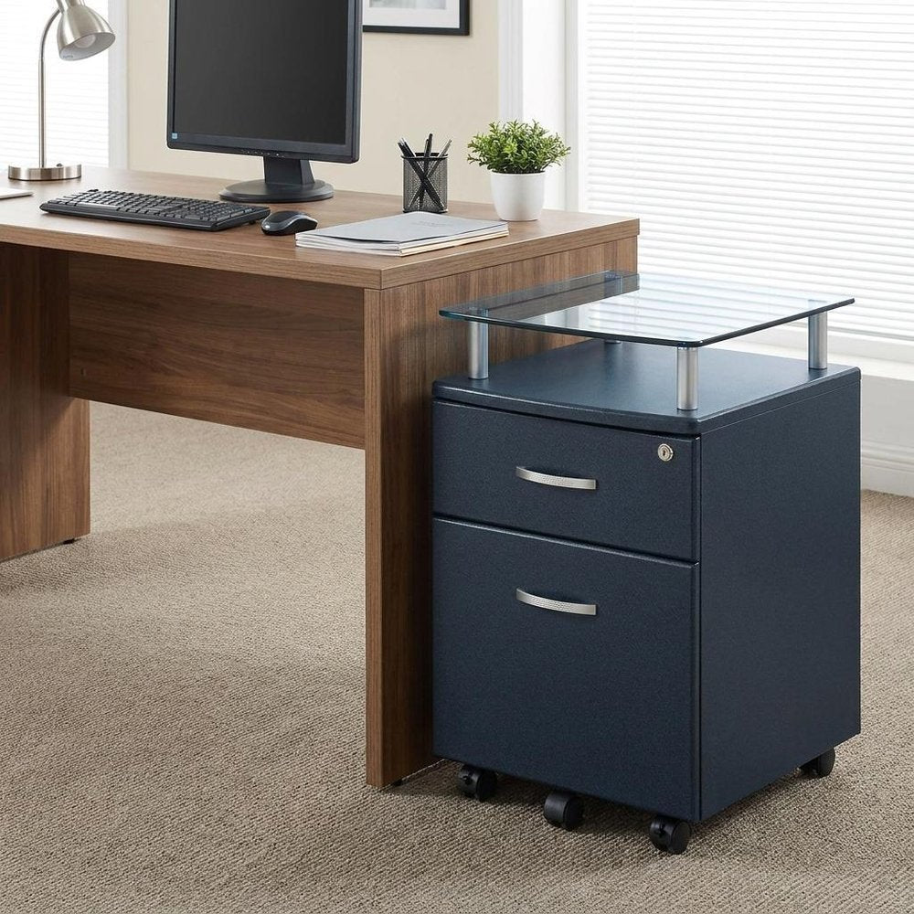 Gray Glass And Metal Two Drawer Rolling Filing Cabinet
